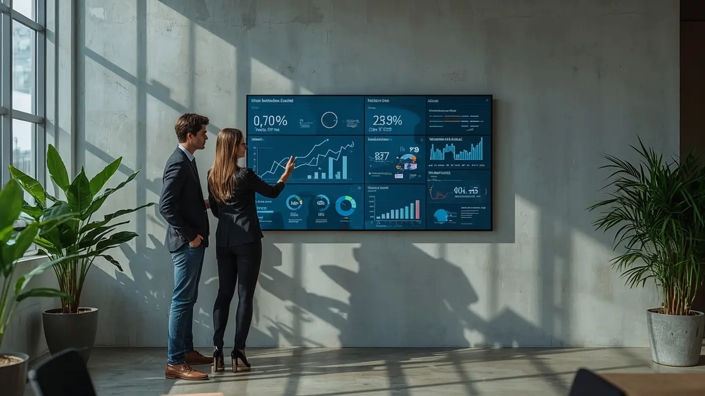 Two business professionals collaborating in a high-tech office, analyzing marketing data on a large digital display.