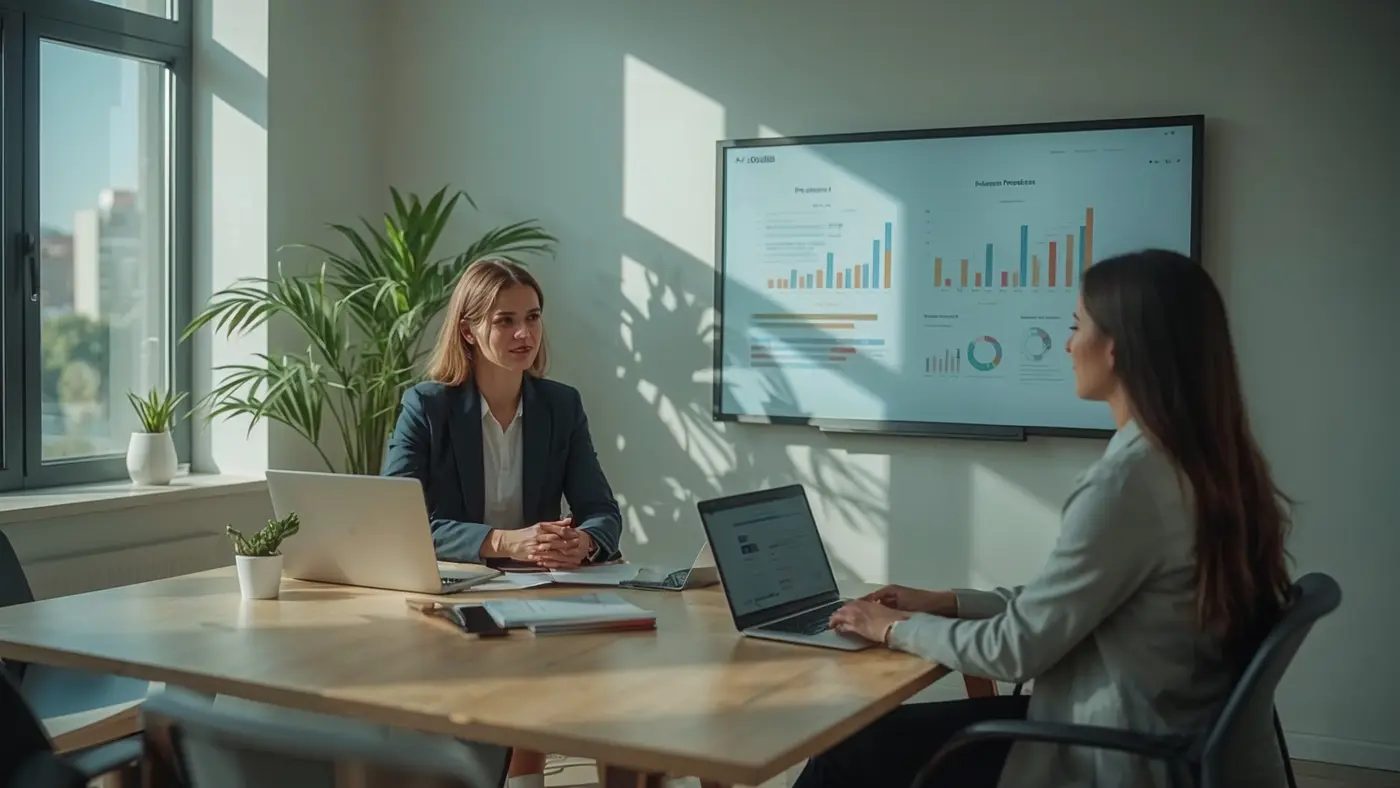 A hyper-realistic image of a coach consulting with a client in a modern office, using digital technology to display personalized data insights.