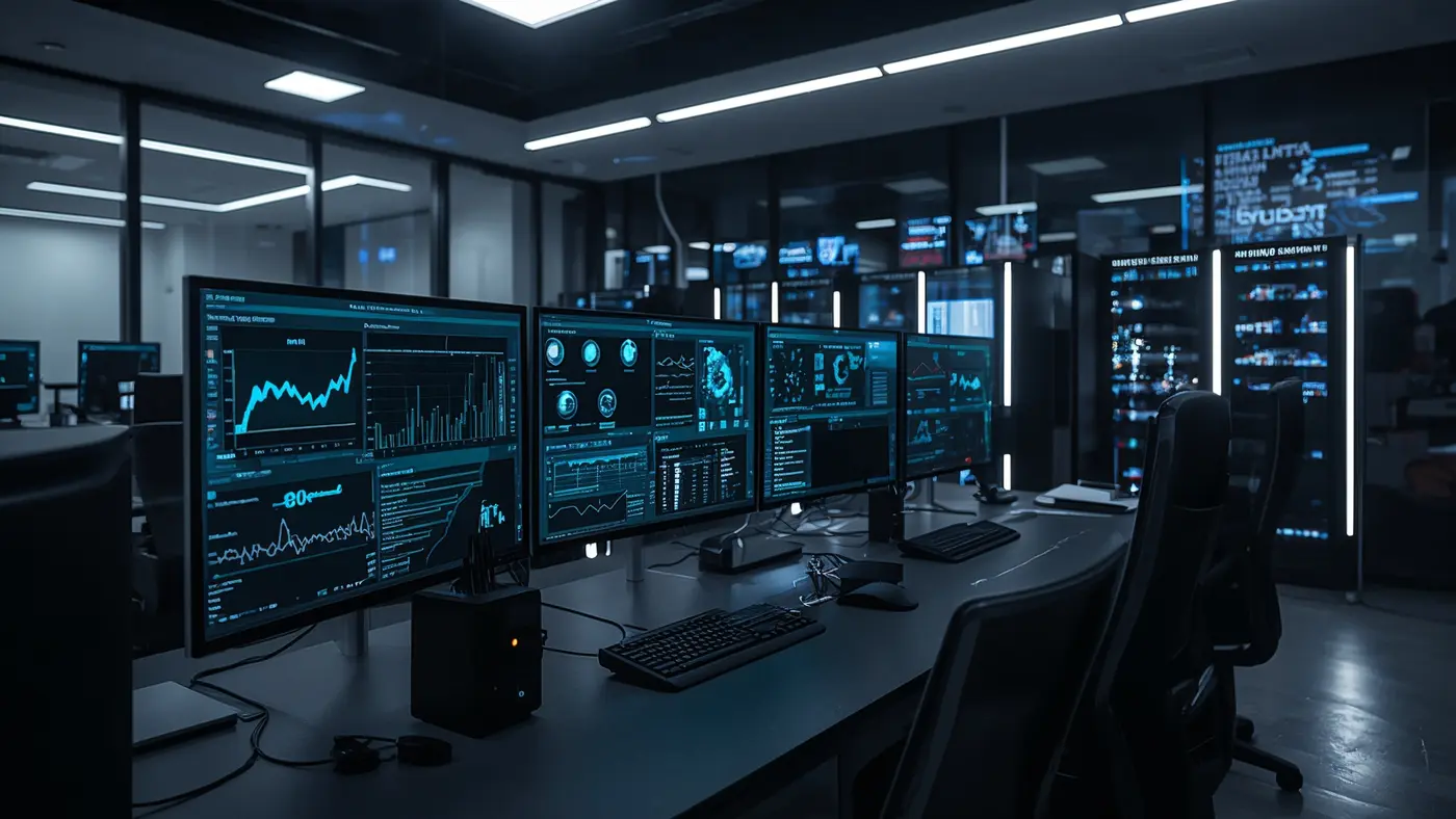 A hyper-realistic high-tech workspace with advanced computer monitors displaying AI consulting metrics and technical diagrams, without people present.