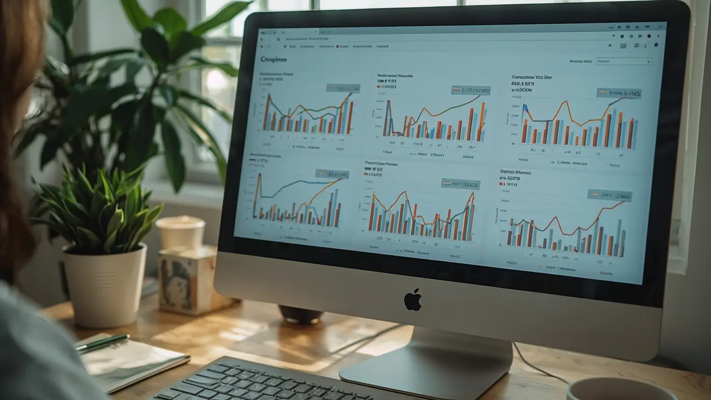 Computer screen displaying multiple AI-generated ad copy variations and analytics, with a workspace setup in agency office