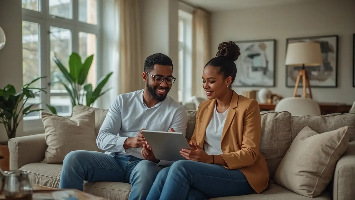 A hyper-realistic image of a diverse entrepreneur couple in a modern living room, reviewing property investment documents on a tablet, with natural light highlighting the comfortable and successful setting.