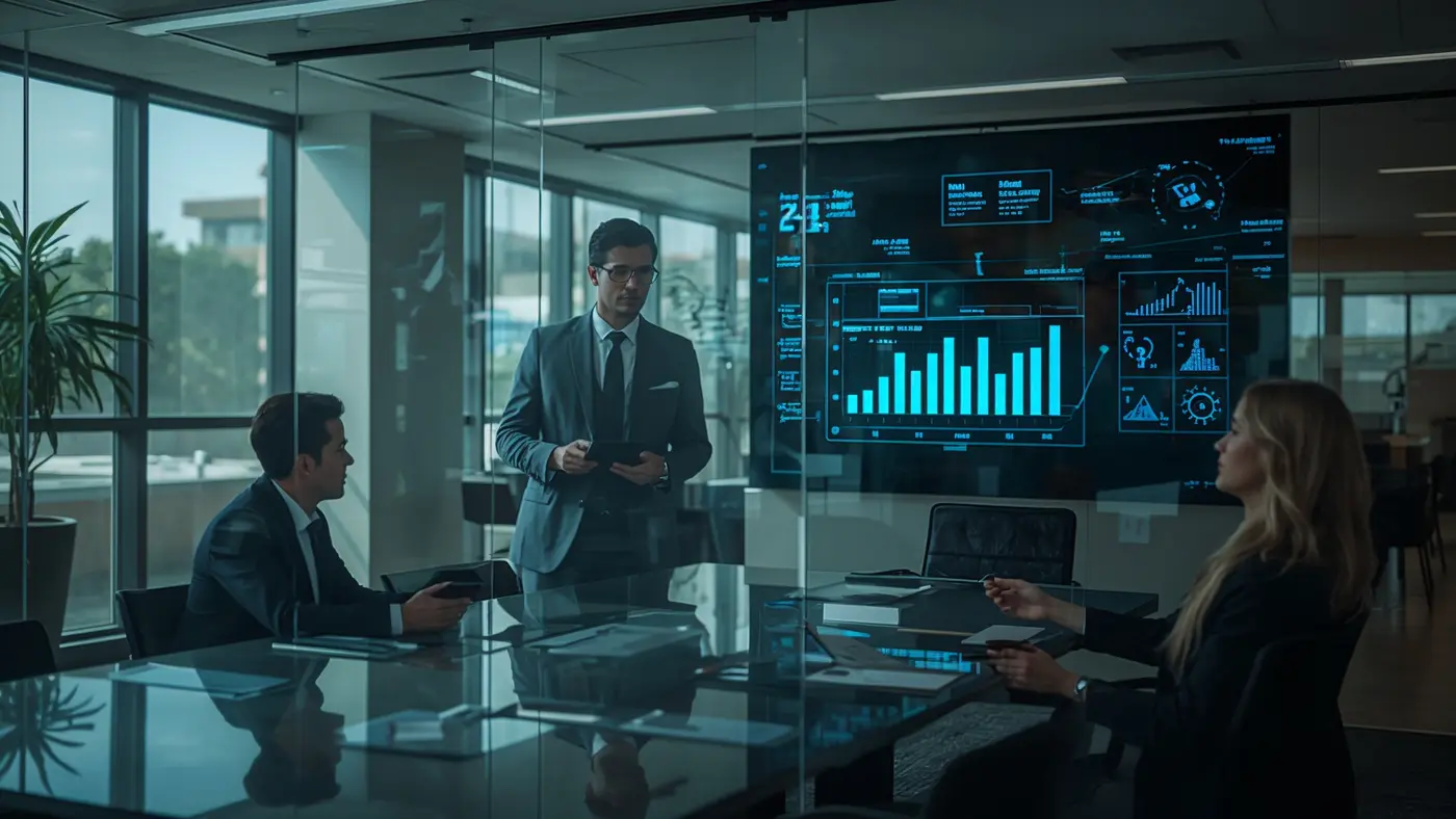 Two entrepreneurs collaborating in a modern office, reviewing AI-powered data visualizations projected on a glass wall in natural daylight.