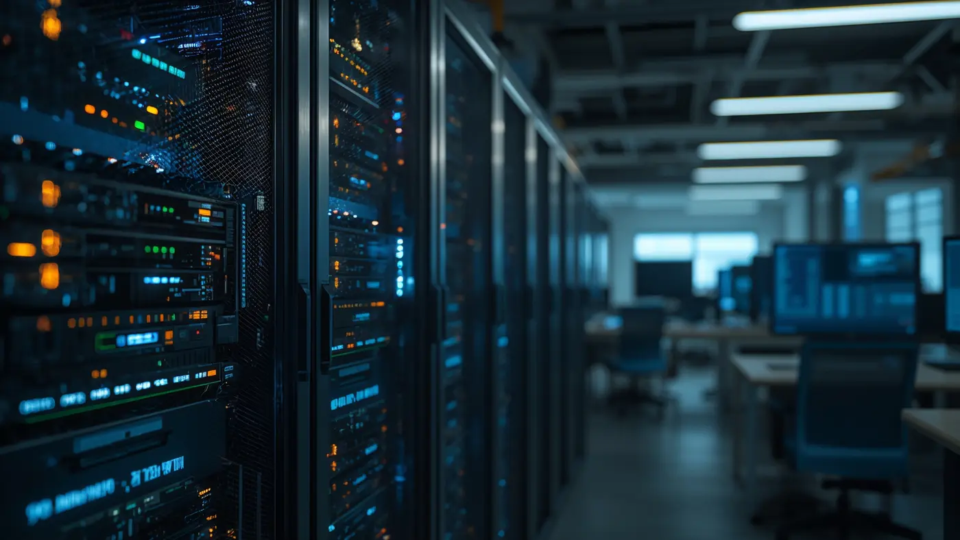 AI-powered server rack and computer workstation in a tech startup office