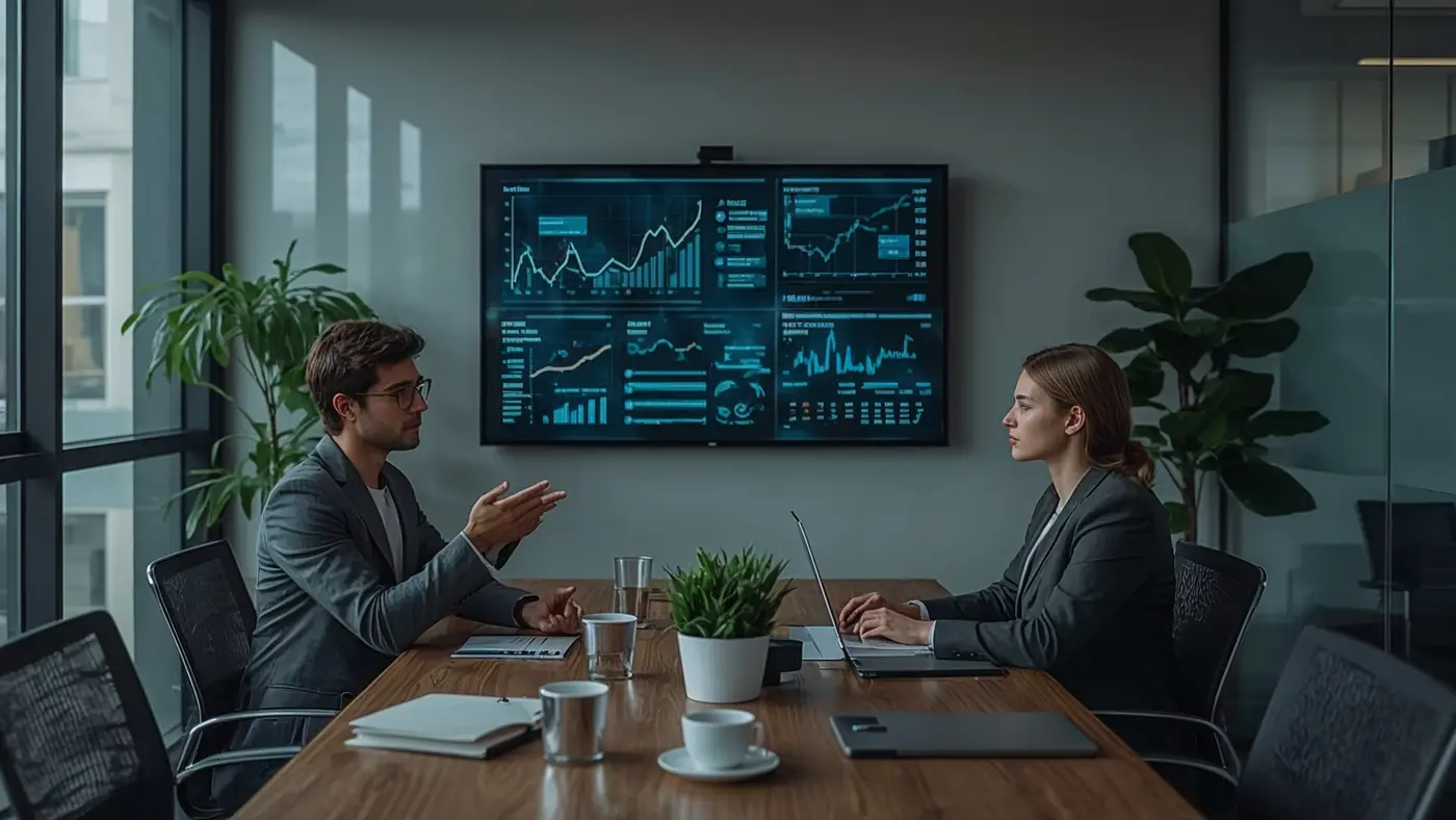 Two professionals in a modern conference room discussing AI-powered analytics on a wall-mounted screen, conveying collaboration and business growth.