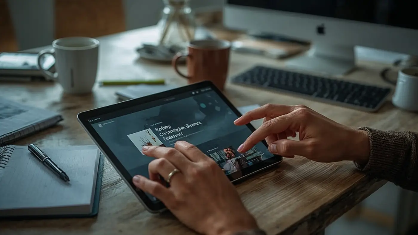 Close-up of hands using a tablet to interact with an online course platform in a modern office, surrounded by authentic workspace elements.