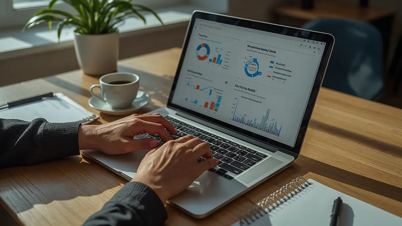 Close-up of professional hands using a secure laptop displaying data privacy and AI bias audit dashboards in a sunlit marketing agency office.