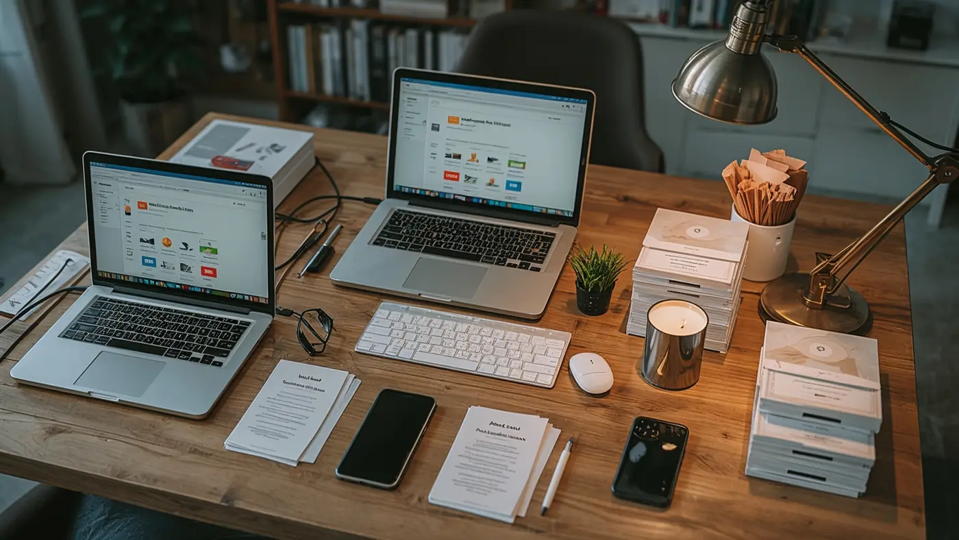 A hyper-realistic creative workspace table with digital devices displaying AI newsletter automation tools and a well-organized library of printed prompt cards, illuminated by daylight and desk lamps.