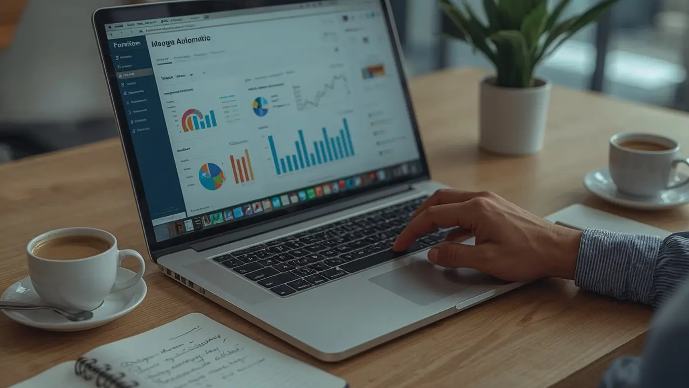 Close-up of a laptop running AI-powered email automation with charts and workflows, hand using mouse, coffee and notebook nearby