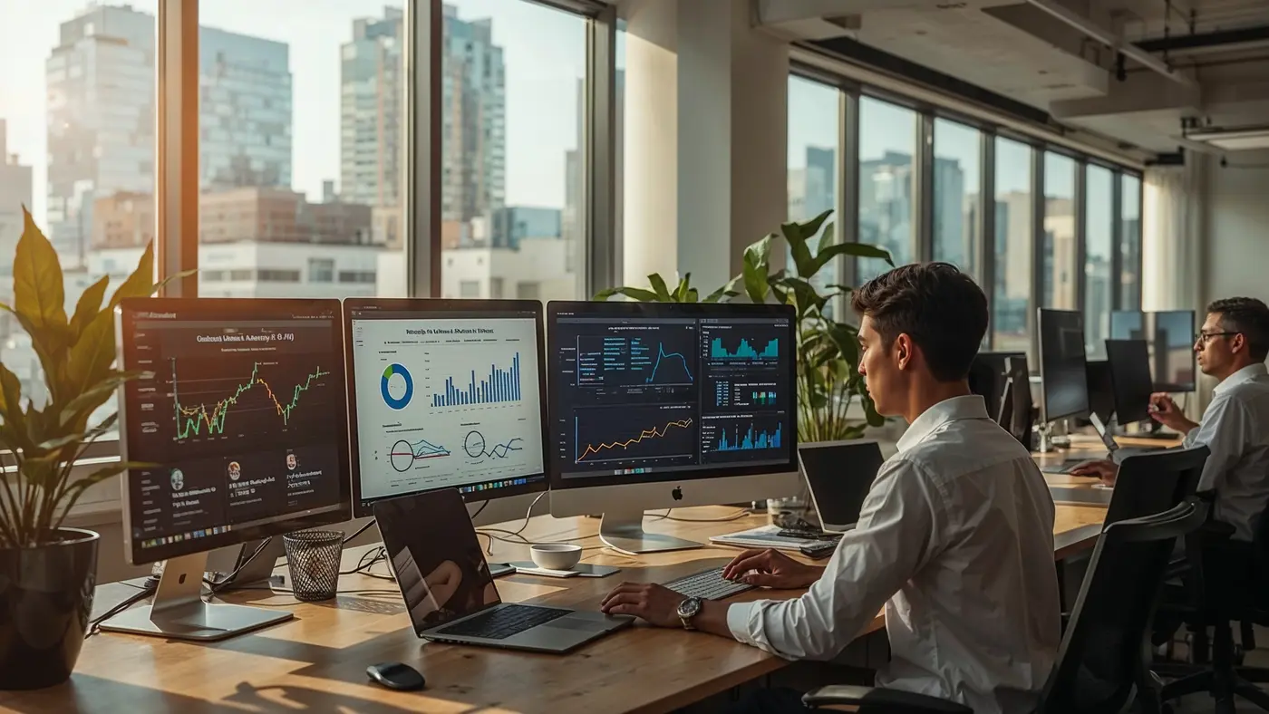 Two marketers collaborating over a dashboard displaying AI-driven content personalization and analytics in a modern, sunlit office