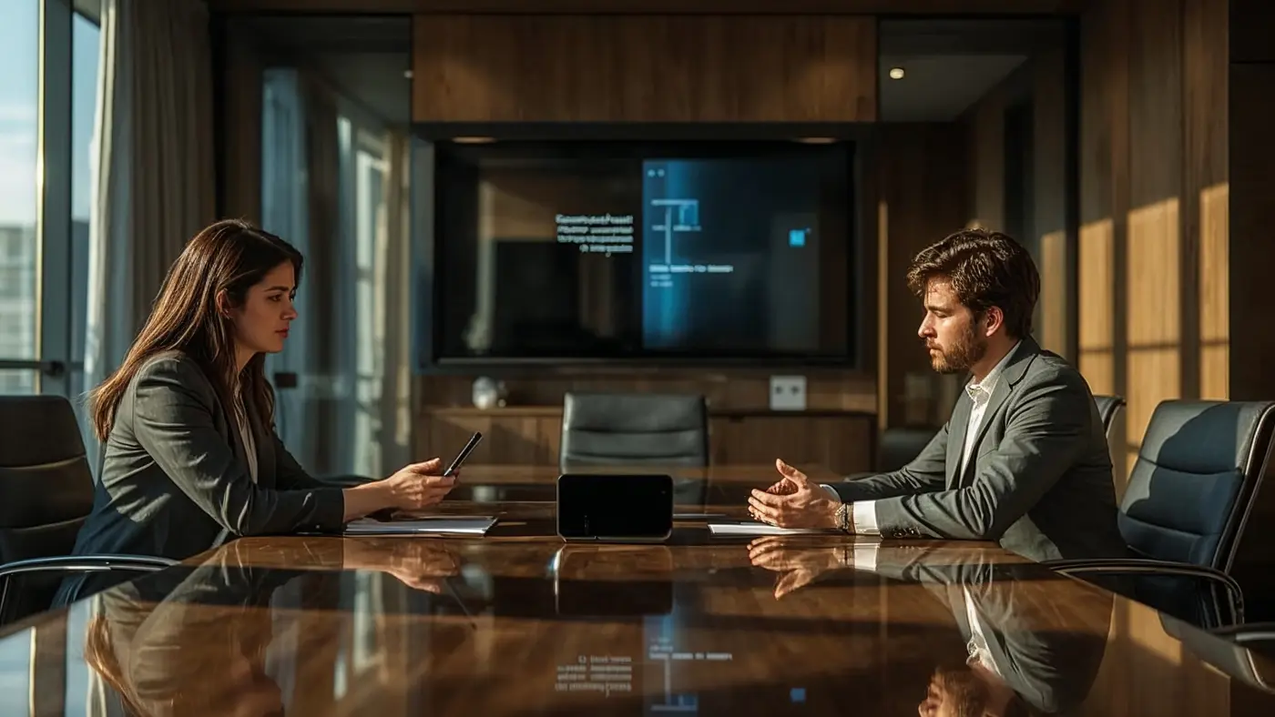A business professional interacts with a high-tech AI voice assistant device in a naturally lit, modern conference room.