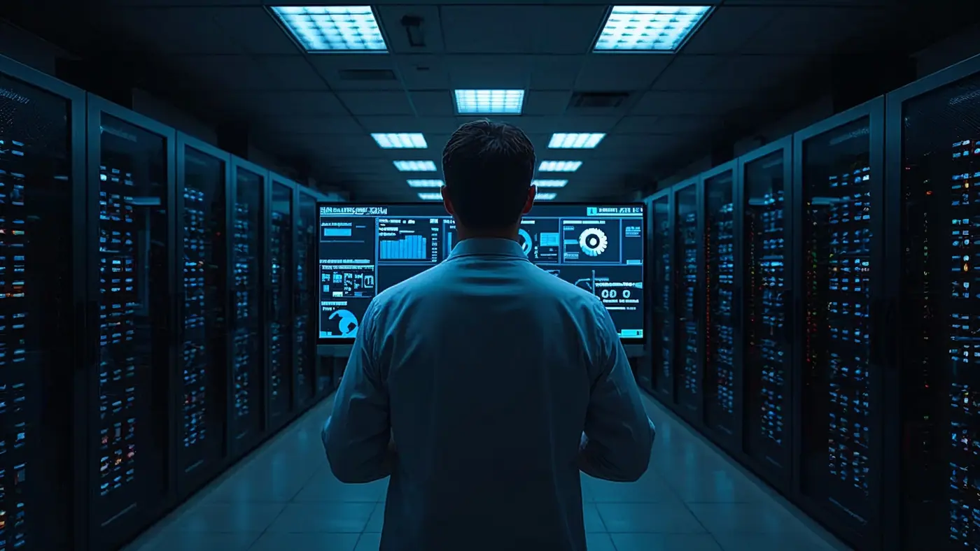 A cybersecurity expert monitoring AI-powered security dashboards in a secure data center, emphasizing compliance and privacy in AI service development.