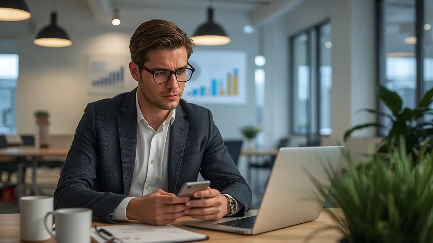 Hyper-realistic professional in modern office engaging with AI chatbot on smartphone, business growth elements, soft natural lighting.