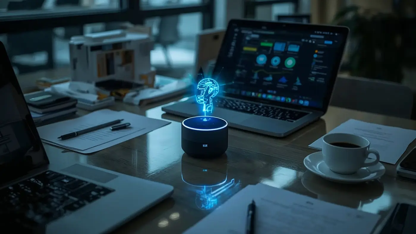 A hyper-realistic photo of a smart AI-powered device on a tidy office desk, surrounded by business documents, a laptop, and a coffee cup, displaying subtle digital notifications in natural office lighting.