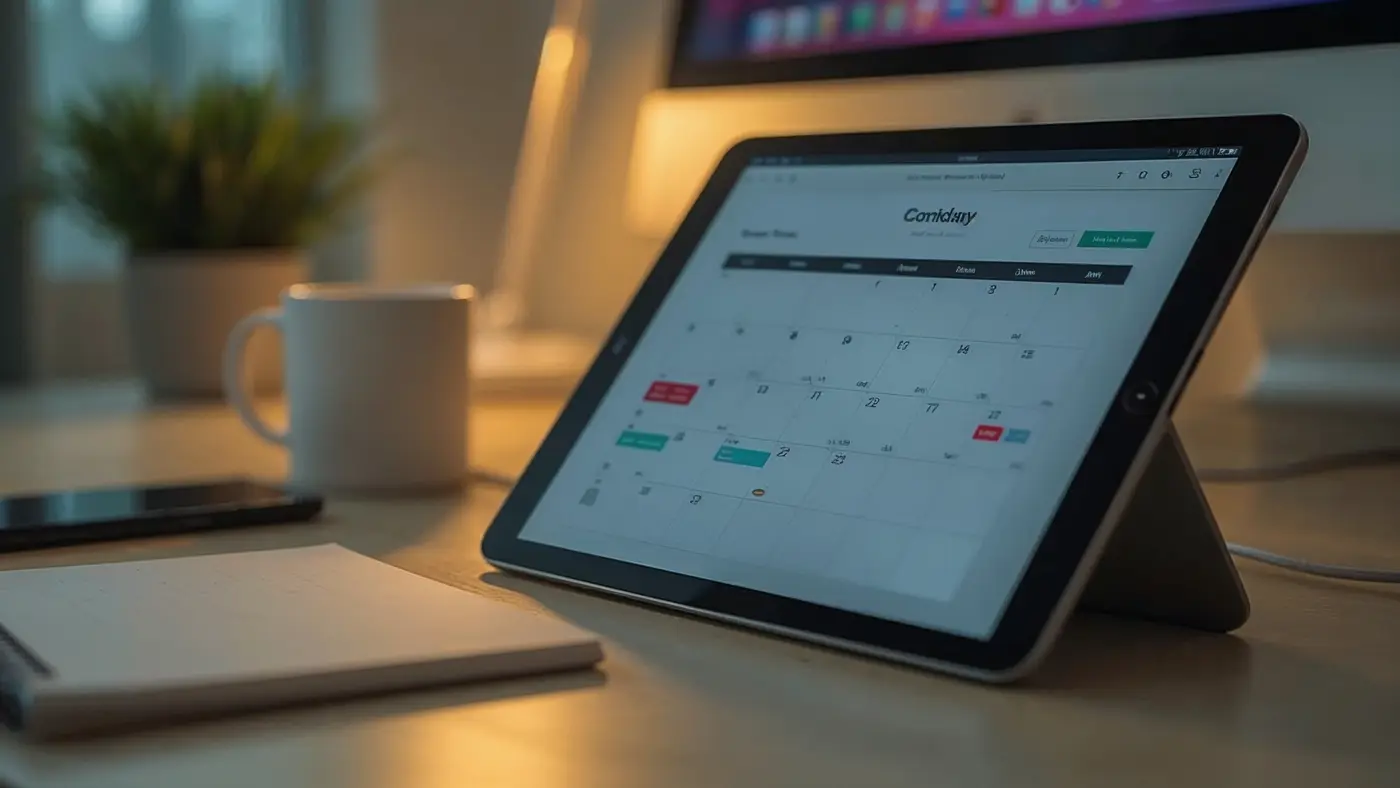Tablet with content calendar and coffee mug on a productive agency workspace