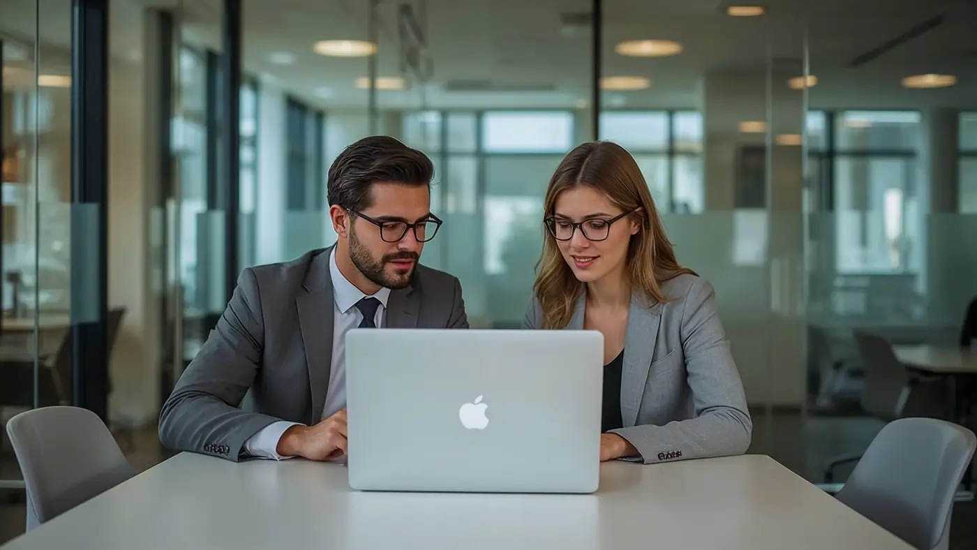 A hyper-realistic image of two professionals, a man and a woman, having a focused discussion over a laptop in a modern meeting room with glass walls and bright, natural lighting, representing a mastermind session.
