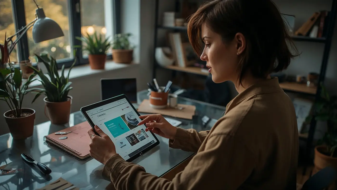 Hyper-realistic photo of a small business owner using an AI-powered design tool on a tablet in a bright, professional studio