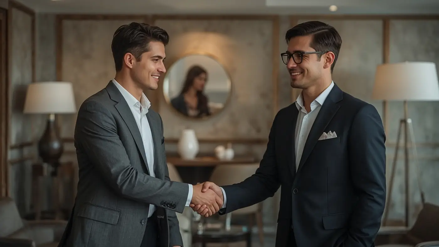 Luxury brand manager and client shaking hands in an upscale lounge, illustrating trust and AI-driven community engagement