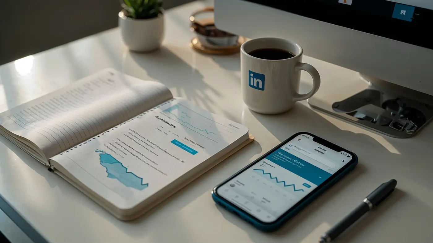 Close-up of a modern desktop with a smartphone showing LinkedIn analytics, an open notebook, a coffee cup, and soft natural light