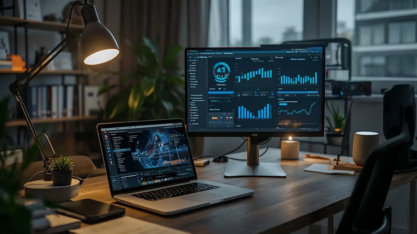 A modern, organized home office workspace with multiple AI-powered devices: a laptop, desktop, and smart speaker, showing workflow automation and analytics screens. The space is elegantly lit and shows seamless tech integration with no people present.