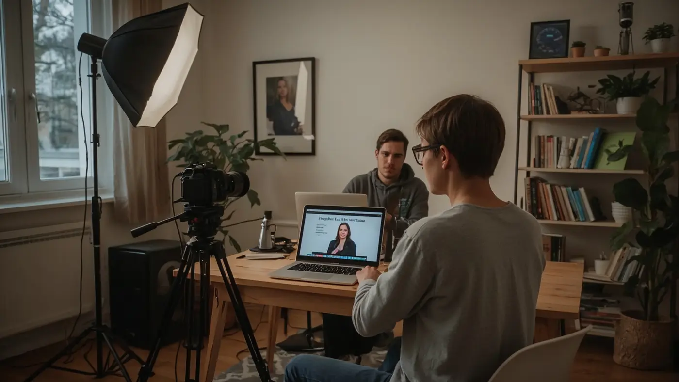 Entrepreneur recording video course content in a professional home studio