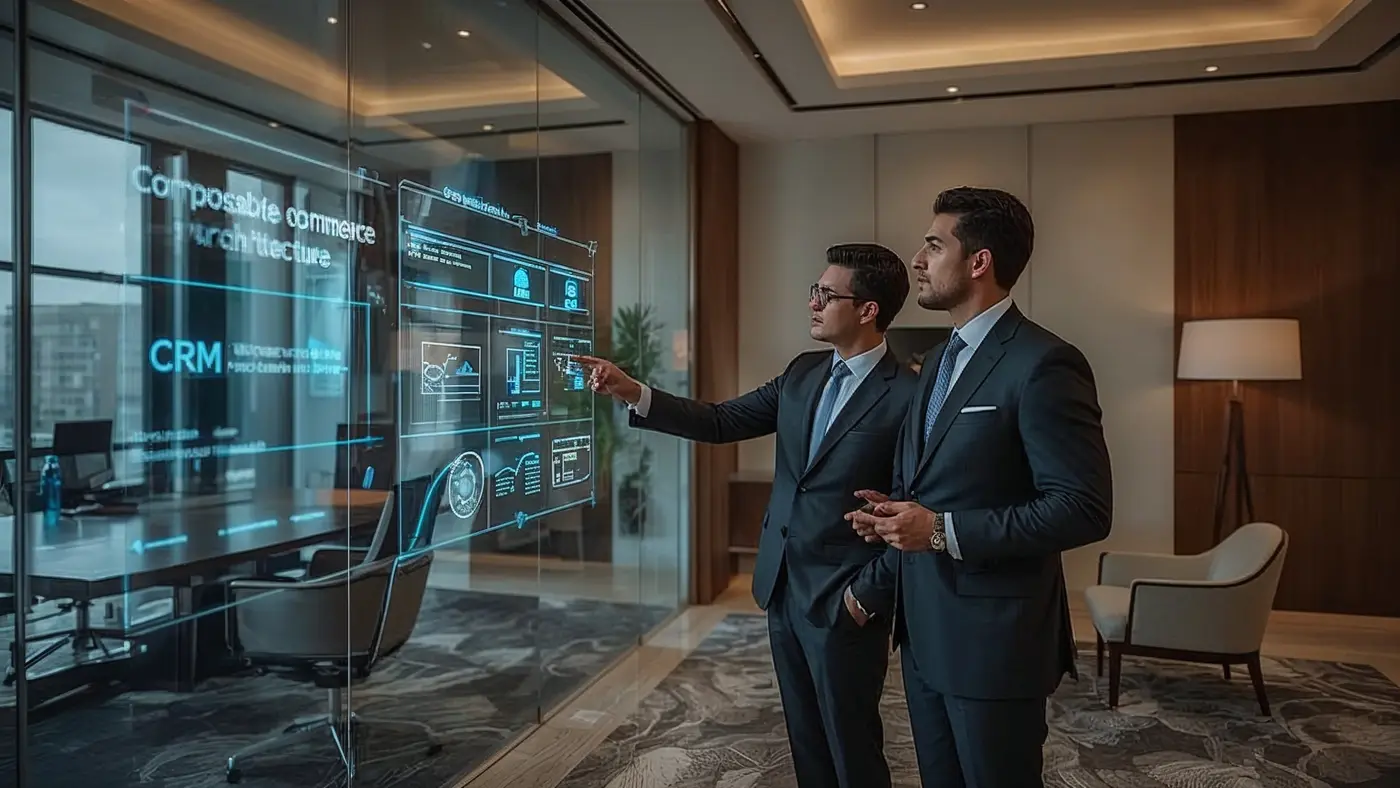 Two executives in a luxury office discussing digital automation strategy in front of a large transparent screen.