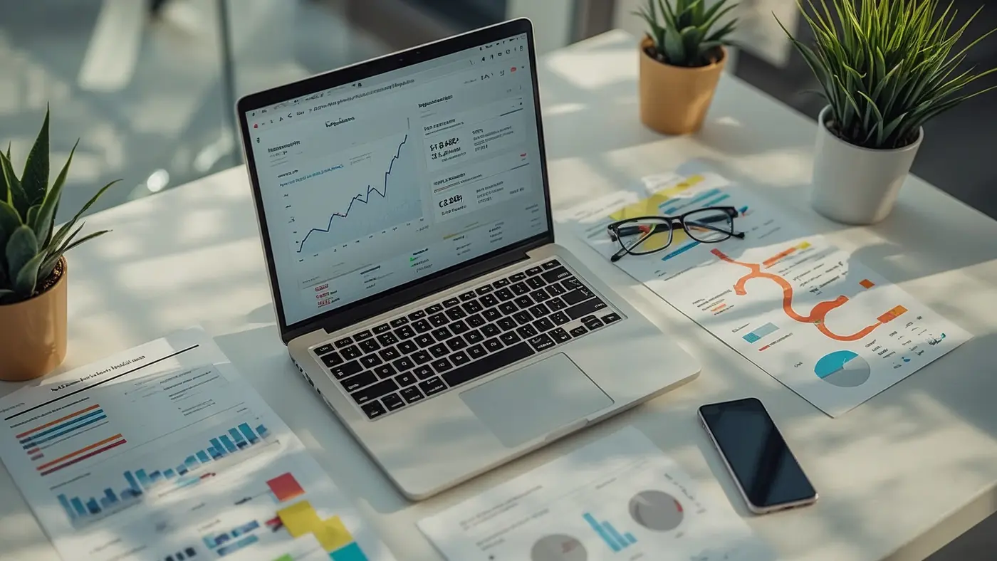 A hyper-realistic workspace with a laptop showing analytics, customer journey maps, sticky notes, and smartphone on a modern desk, illuminated by natural light.