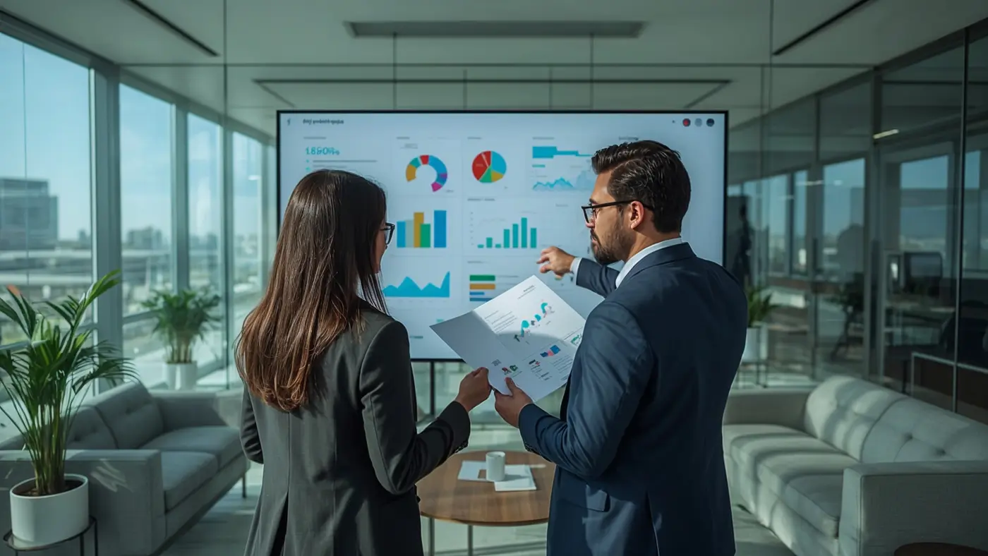 Two business professionals collaborating in a modern office, discussing sales analytics and digital product dashboards on a large monitor.