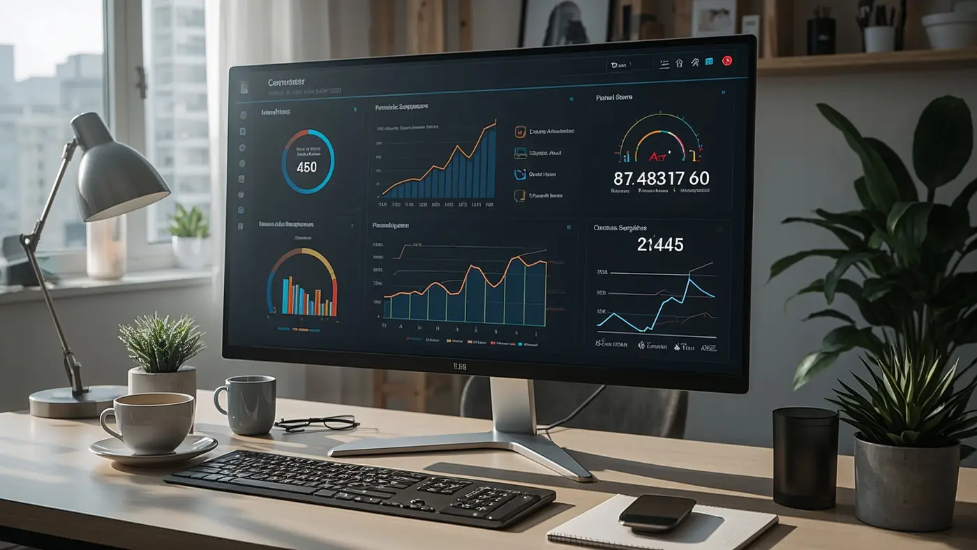 A hyper-realistic AI-powered business dashboard with real-time analytics and metrics on a sleek monitor in a modern, sunlit workspace.