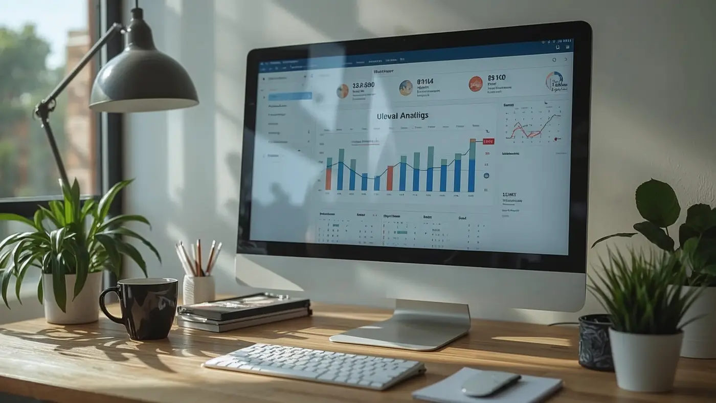 A close-up of a computer monitor displaying AI scheduling analytics and calendar integrations on a clean business desk.
