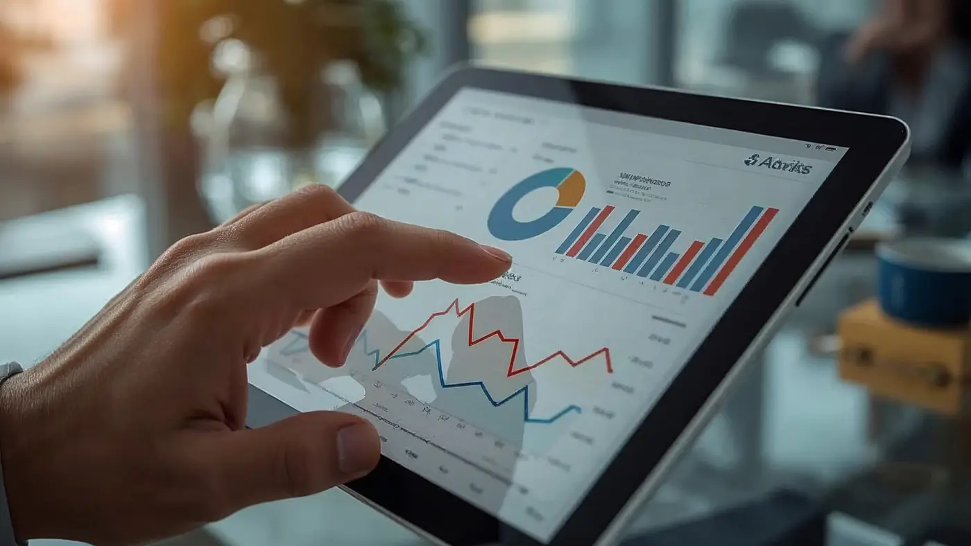 Hand interacting with a tablet displaying predictive analytics dashboards for marketing campaign performance in a modern workspace.