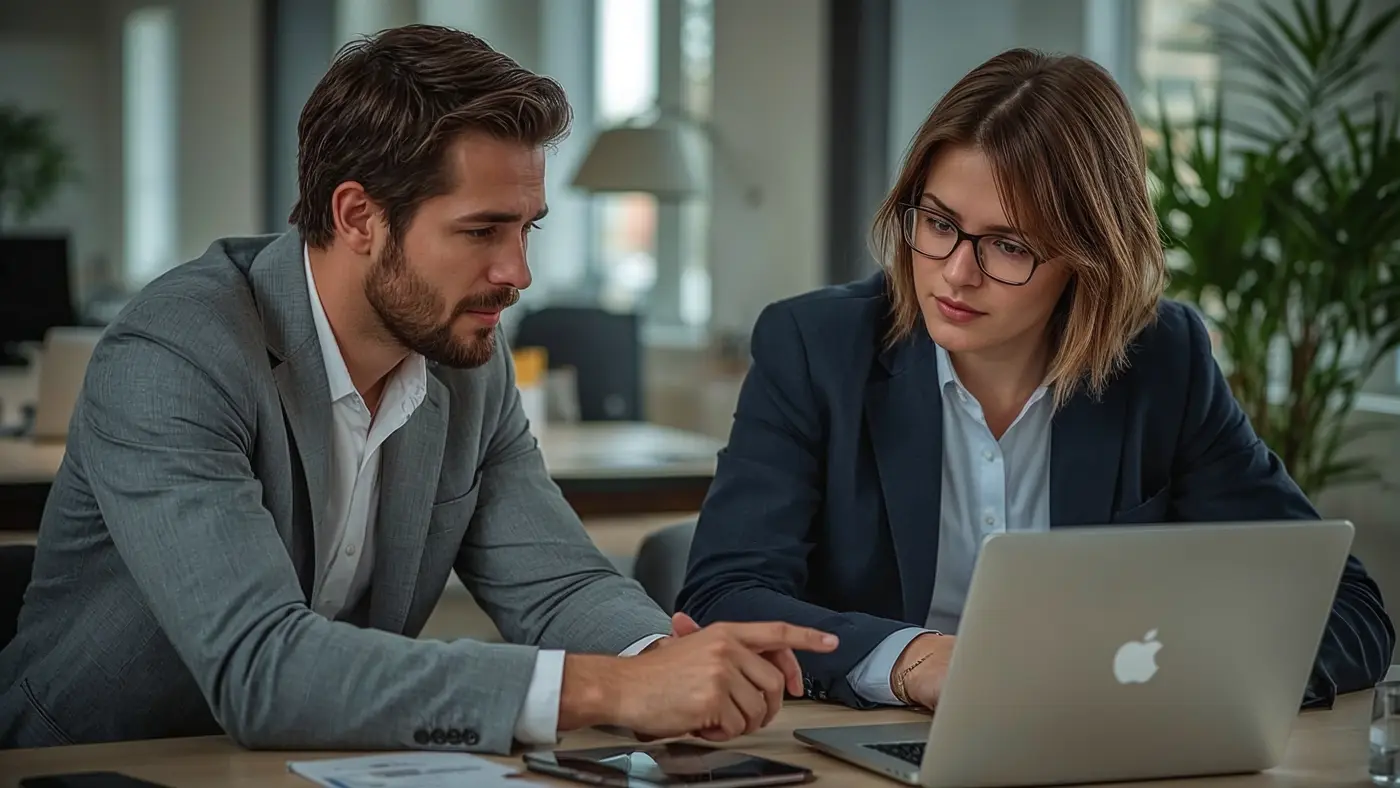 Two professionals collaborating in a modern workspace reviewing AI-driven marketing strategies on a digital tablet