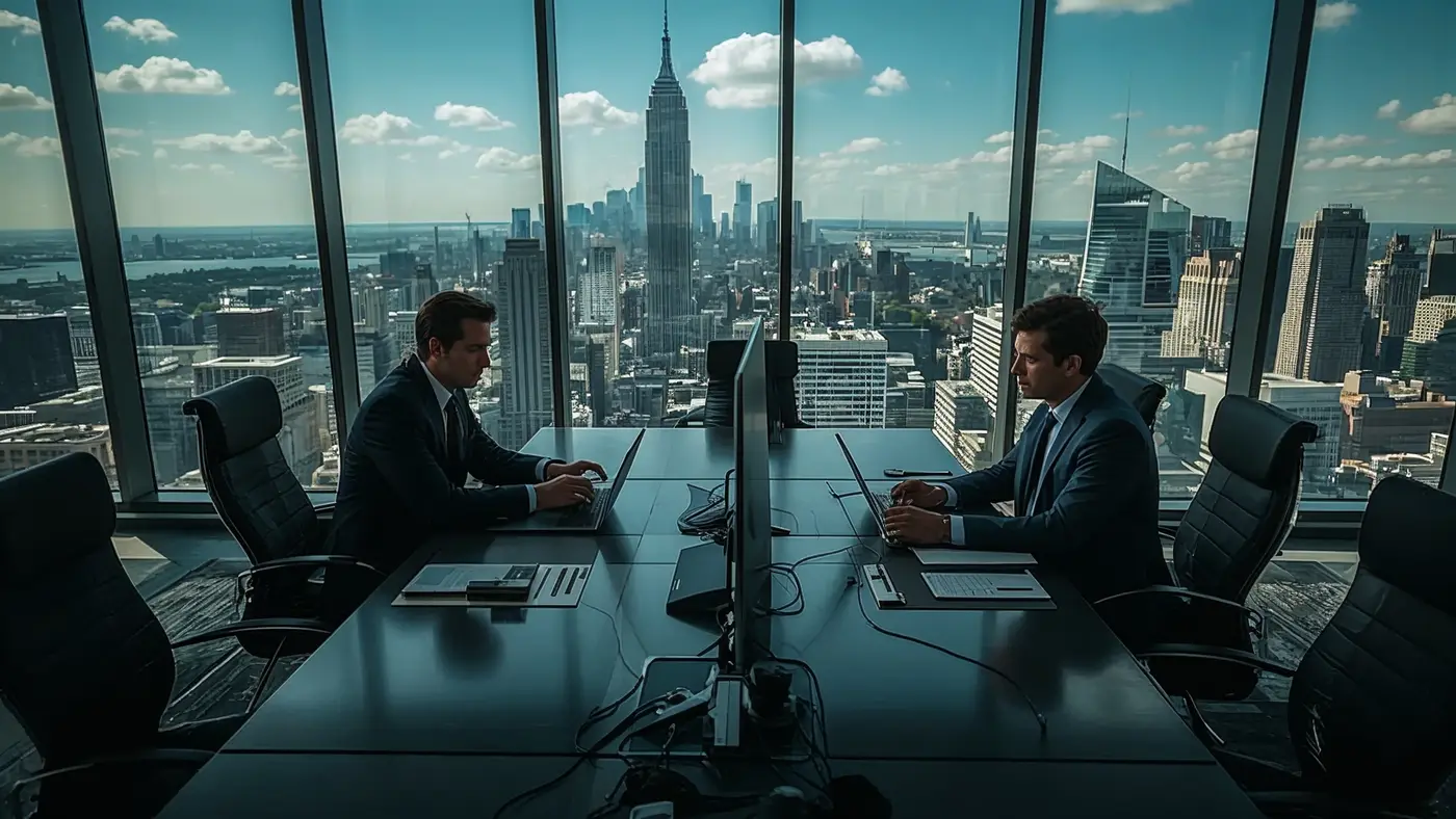 Two executives in a high-tech conference room reviewing AI compliance and regulatory documents, surrounded by legal books, tablets, and a city skyline view through large windows.