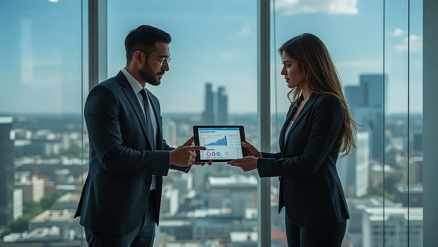 Two business professionals collaborating in a bright meeting room, discussing LinkedIn outreach statistics and AI-powered personalization on a tablet.