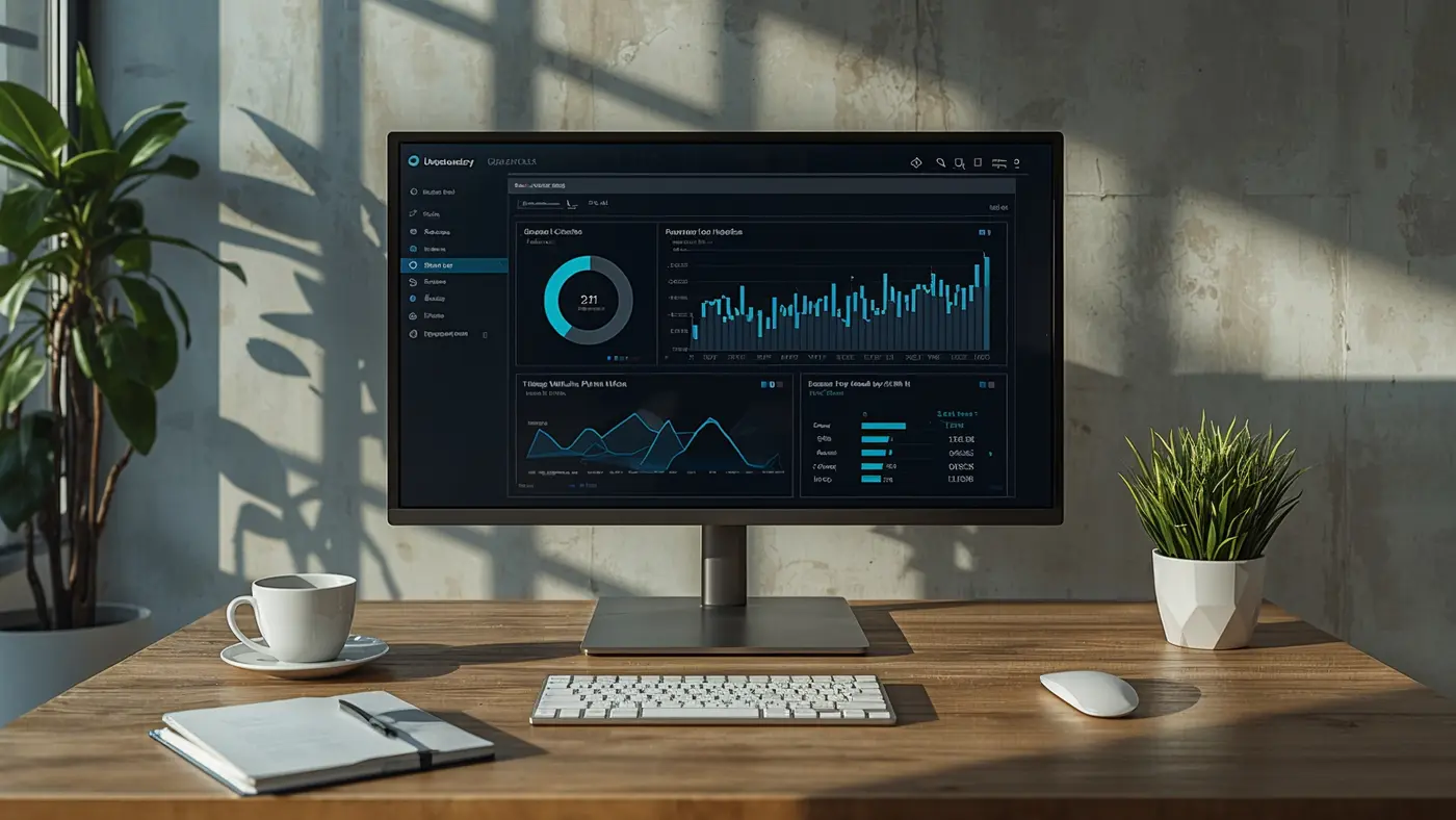 A business workspace with an automated analytics dashboard on a large monitor, surrounded by notes, coffee cups, and a potted plant, bathed in natural sunlight.