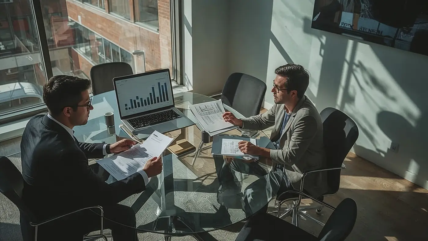 Two entrepreneurs collaborating at a glass table reviewing AI-powered analytics and brand strategy documents in a sunlit modern office.
