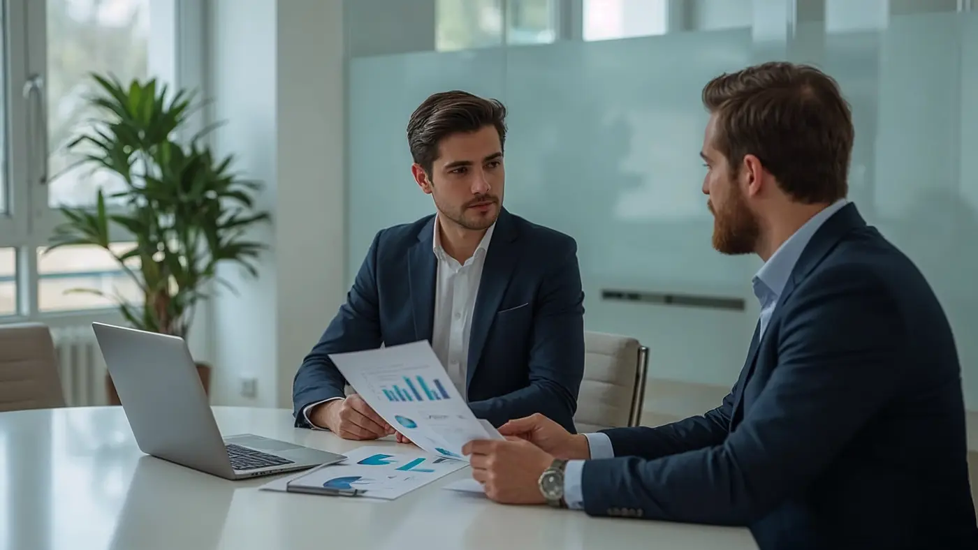A consultant and small business owner discussing affiliate program analytics in a bright, modern meeting room