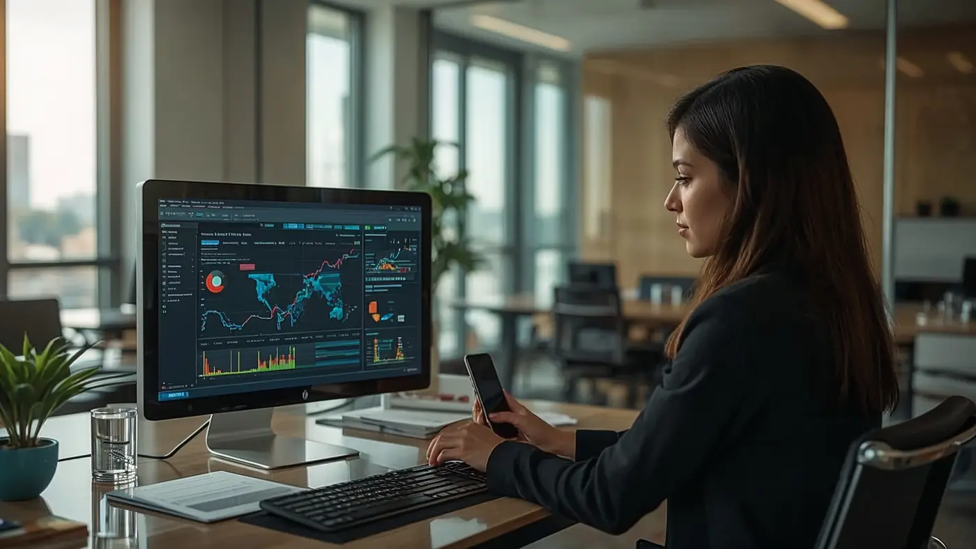 A high-end office workspace featuring an AI-powered virtual assistant interacting with a businesswoman, providing real-time data insights and customer support analytics.
