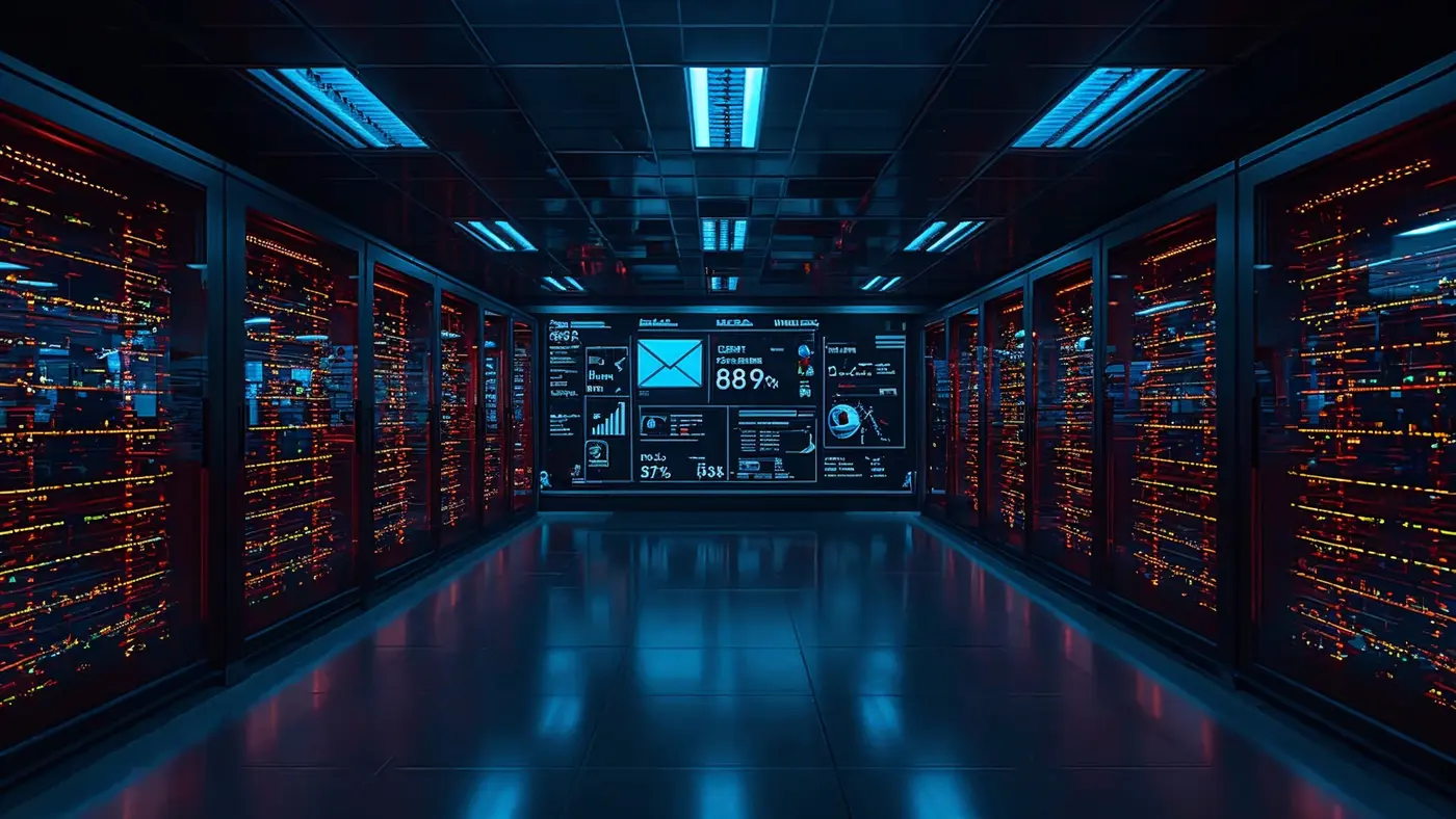 Hyper-realistic photo of an AI server room with glowing servers and digital dashboards showing email responder performance metrics, high-tech and reliable environment.