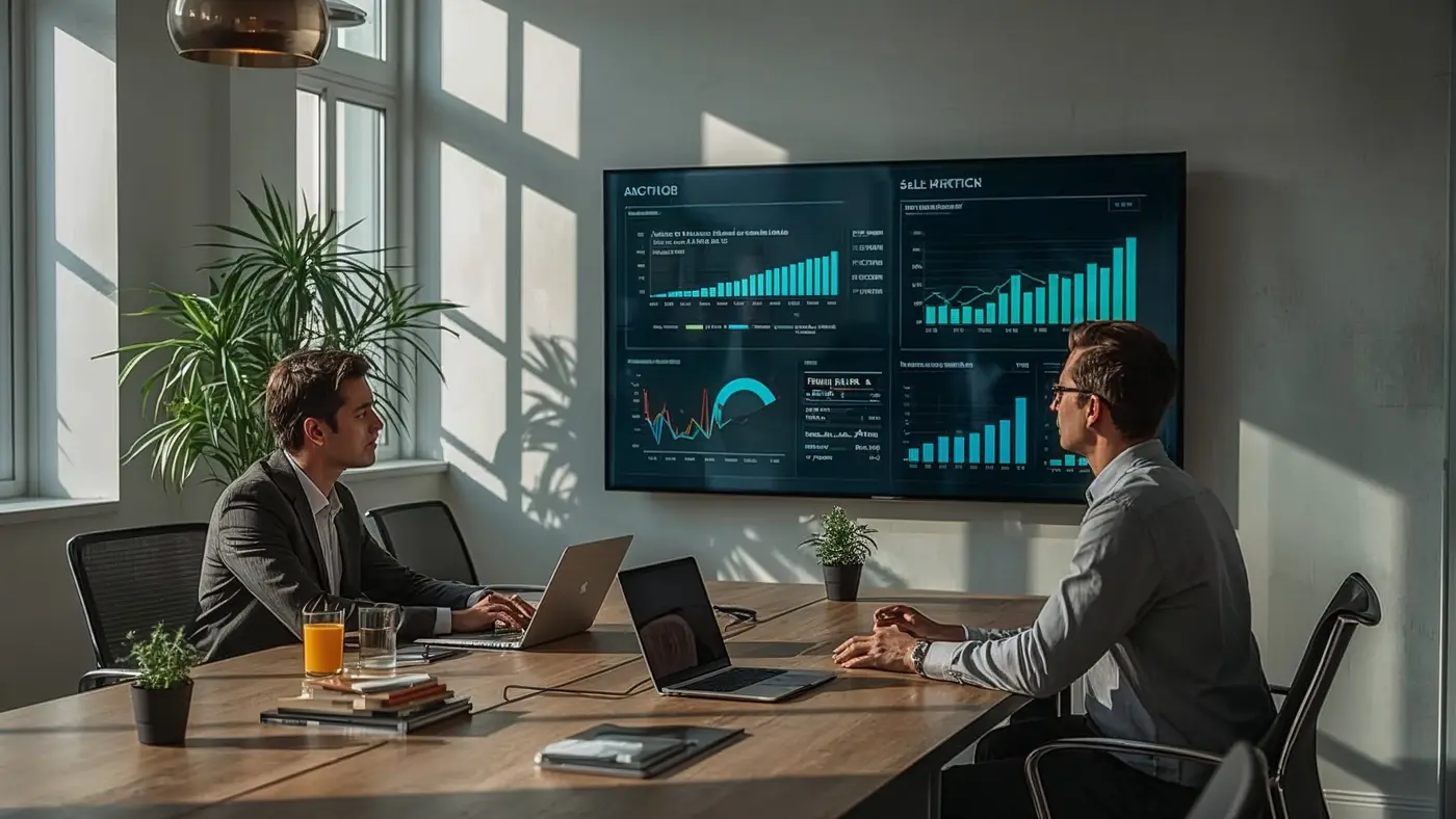 Two professionals collaborating in a modern office, reviewing AI-driven sales analytics on a large digital display.