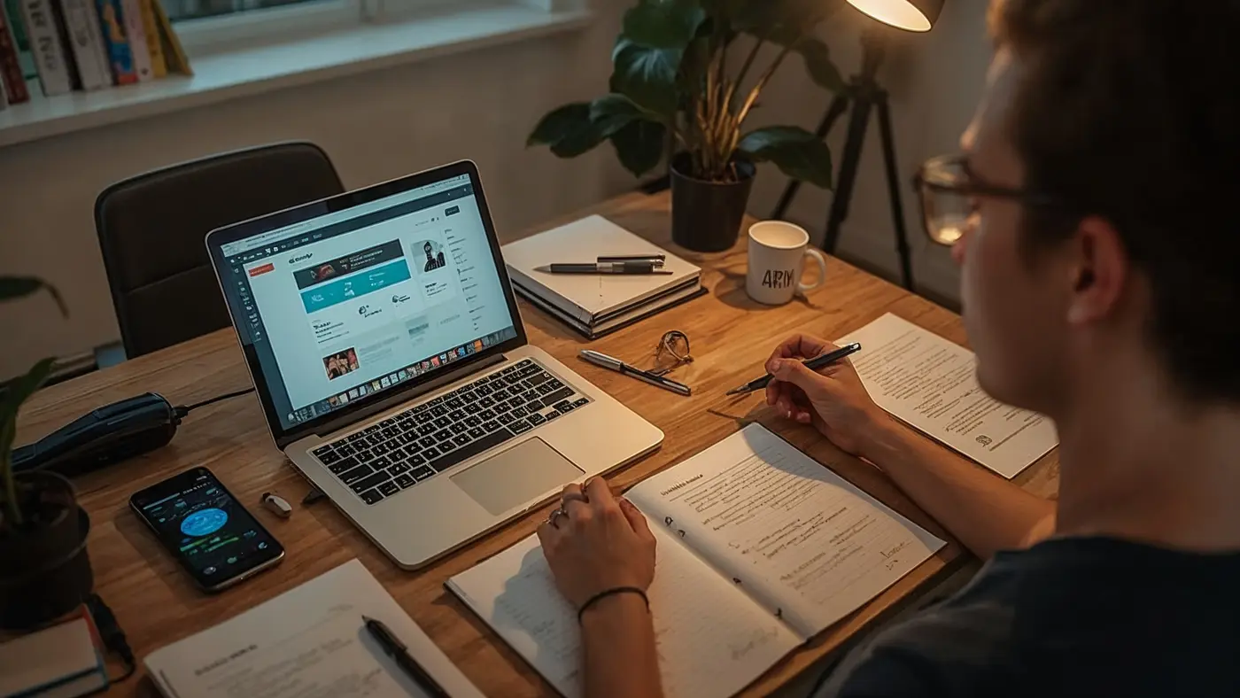 Creative home office with digital product creation and AI-generated templates