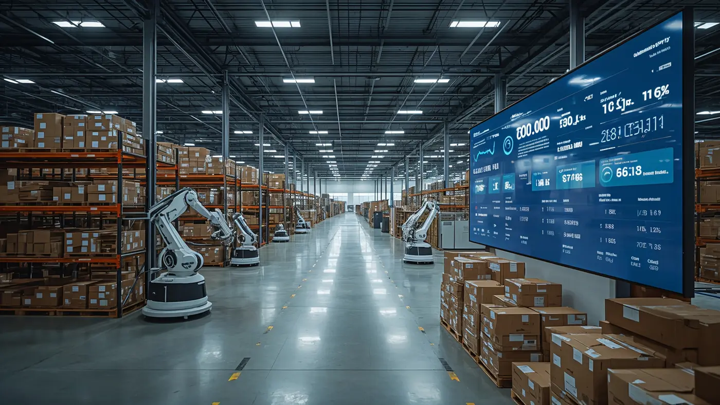 AI-powered robotic system managing inventory and sorting packages in a hyper-realistic e-commerce fulfillment center with real-time analytics displays.
