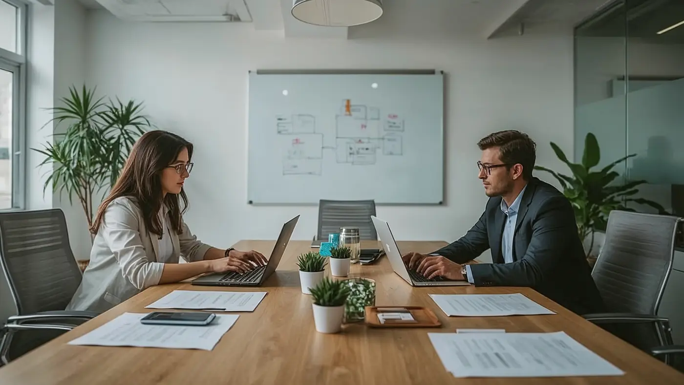 Two business professionals in a modern office collaborating with laptops and market research reports, brainstorming digital product ideas using ChatGPT.