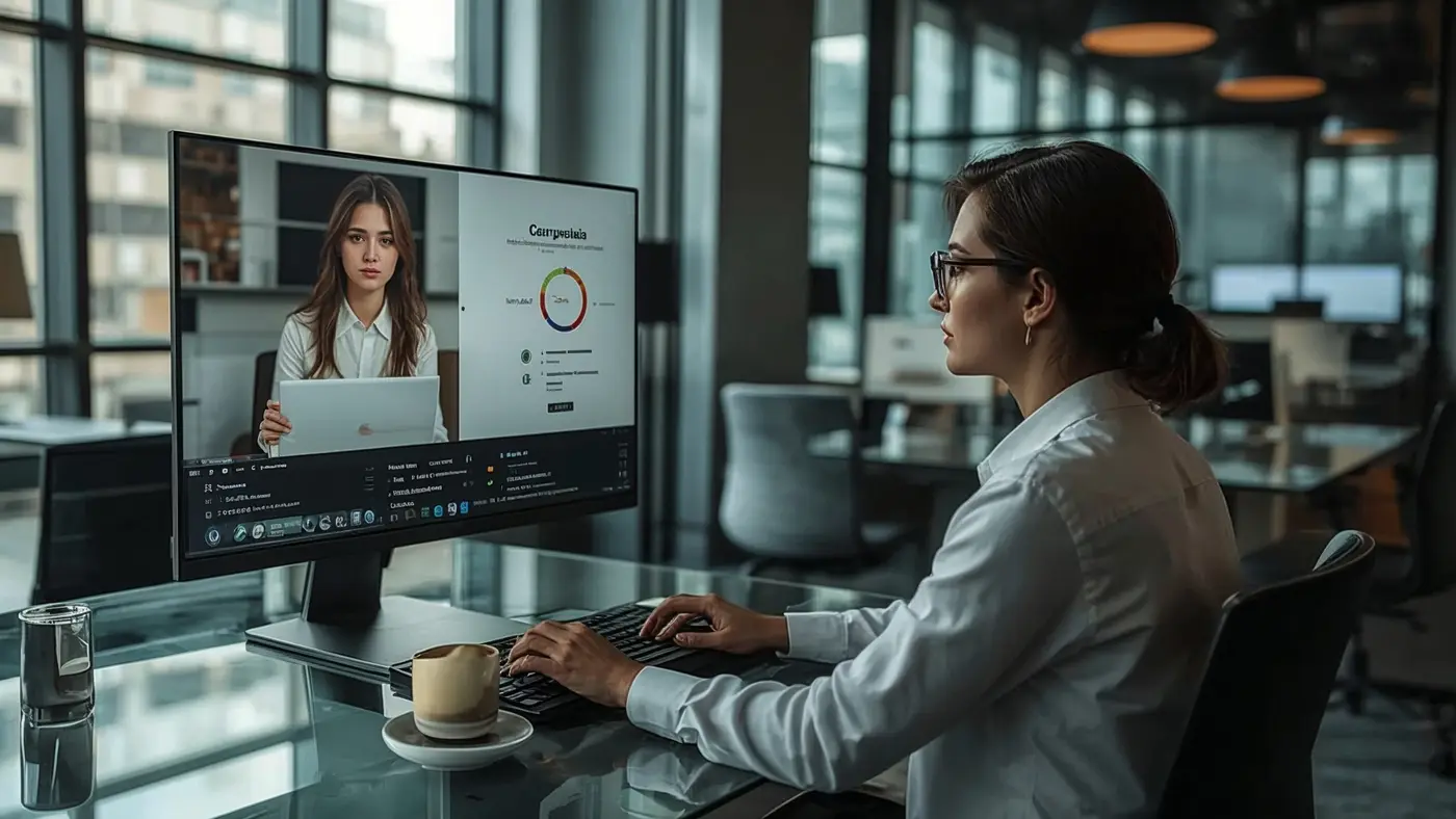 A solo entrepreneur in a co-working space conducting a video call with AI analytics and CRM tools on display.