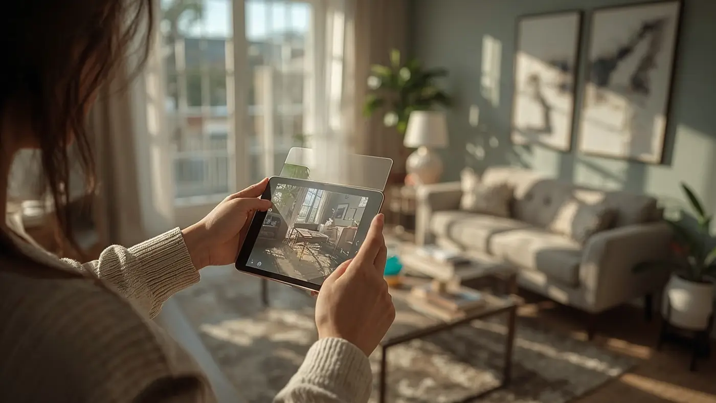 A person using a tablet to visualize a new product in augmented reality within a well-lit, modern home setting.