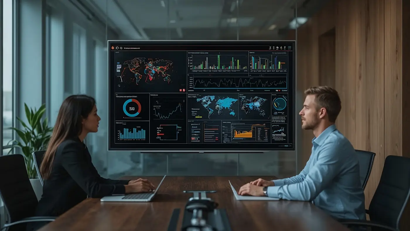 A hyper-realistic photo of two marketing professionals in a modern office, collaborating in front of a large screen displaying AI-driven marketing analytics and workflow diagrams.