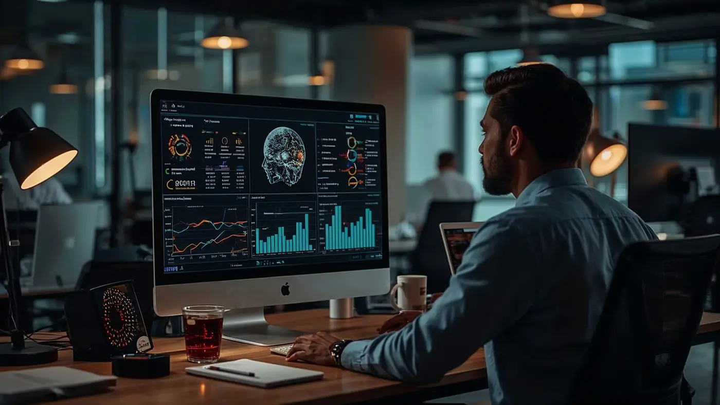 A professional conducting a bias audit on AI software in a modern office setting, displaying compliance checklists and data visualizations.