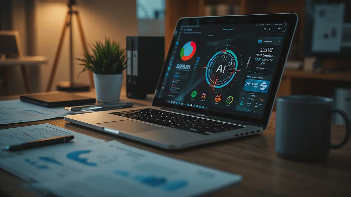 Close-up of a modern workspace with a laptop displaying an AI automation interface, surrounded by documents and a coffee mug.