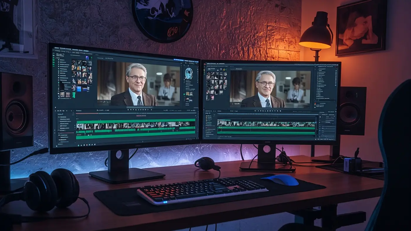 A high-tech video editing suite with dual monitors displaying AI-powered script and video generation tools, microphone and headphones on the desk.