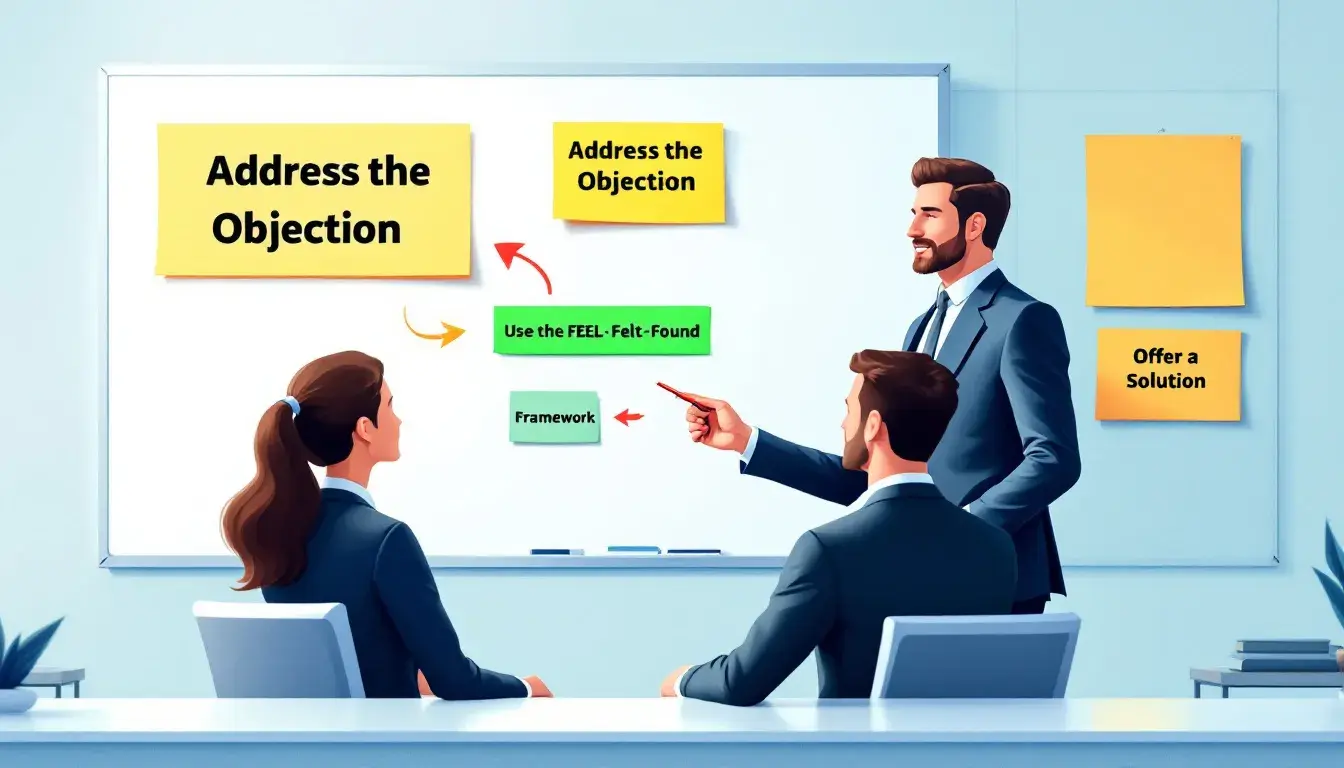 A salesperson addressing common objections during a client meeting.