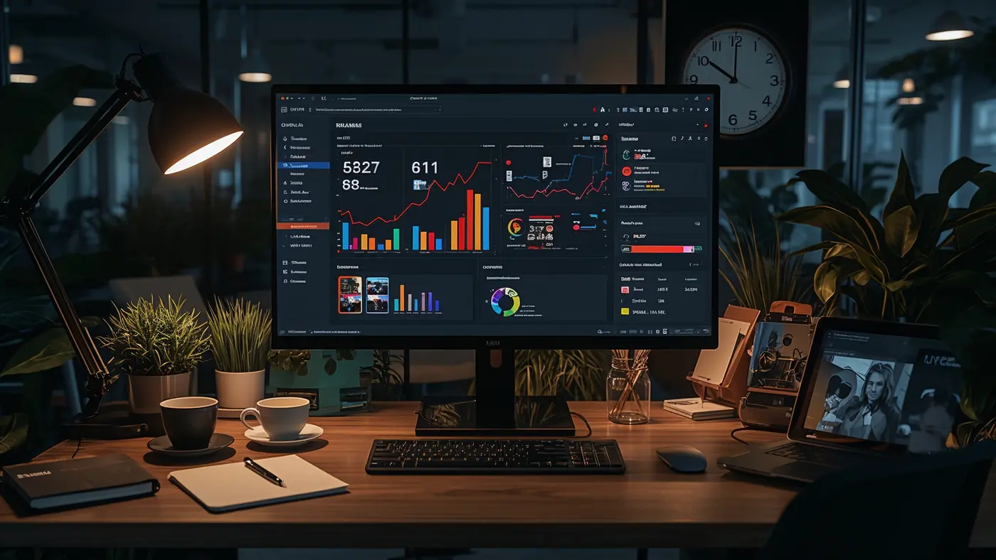 A hyper-realistic modern workspace with an AI dashboard on a large monitor, surrounded by notes, coffee, and a tablet displaying creative assets, illuminated by realistic lighting.